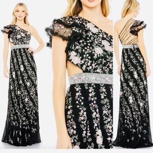 Mac Duggal One-Shoulder Black Gown with Pink & White Floral Embroidery. NWT
